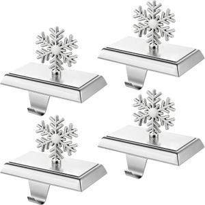 MNKXL Set of 4 Metal Christmas Stocking Holders for Mantle,Heavy Duty Weighted Stocking Holders for Mantle,Silver 3D Snowflake Stocking Holder for Tables Window Fireplace Christmas Decorations