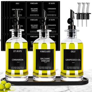 3PCS Olive Oil Dispenser Bottle For Kitchen, Soy Sauce Dispenser, Glass Oil and Vinegar Dispenser Set W. Wooden Tray & Labels & 3 Replacement Spouts, Coffee Syrup Dispenser(Clear)