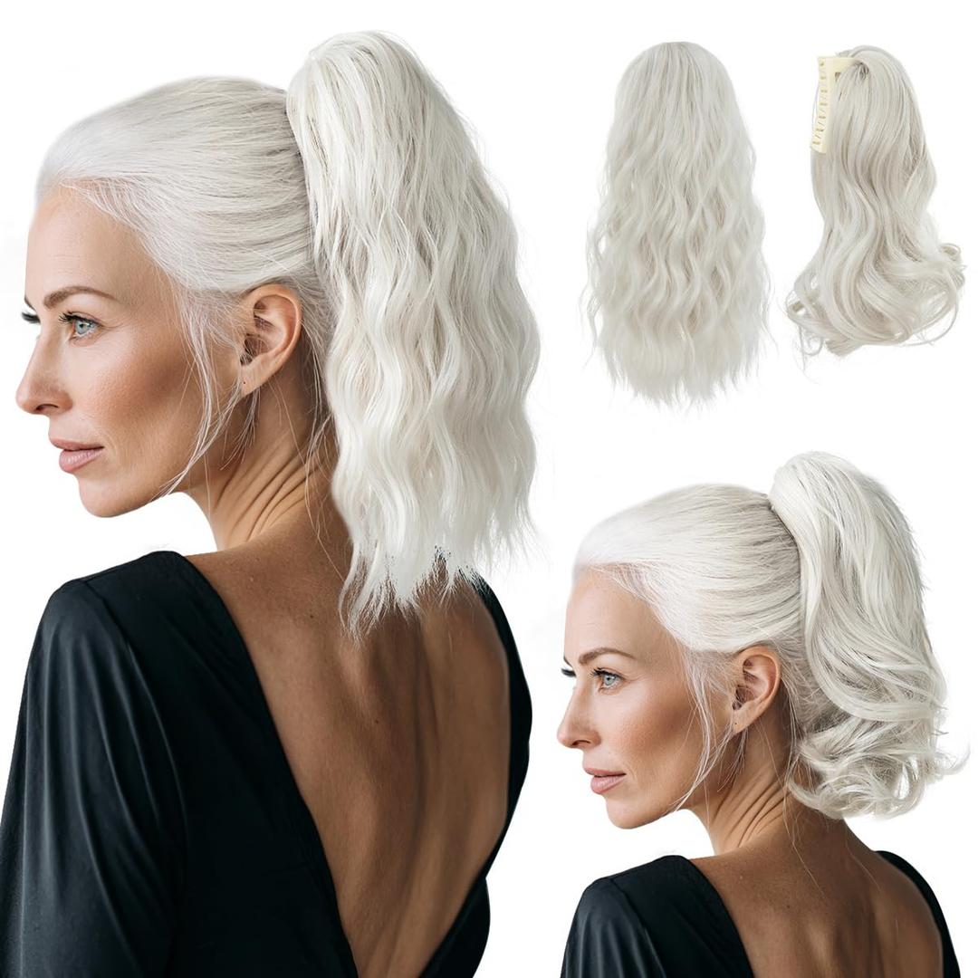 2 PCS Ponytail Extensions Claw Clip Short Pony Tails Wavy Curly Synthetic Hairpieces for Women 12 Inch + 14Inch Set White