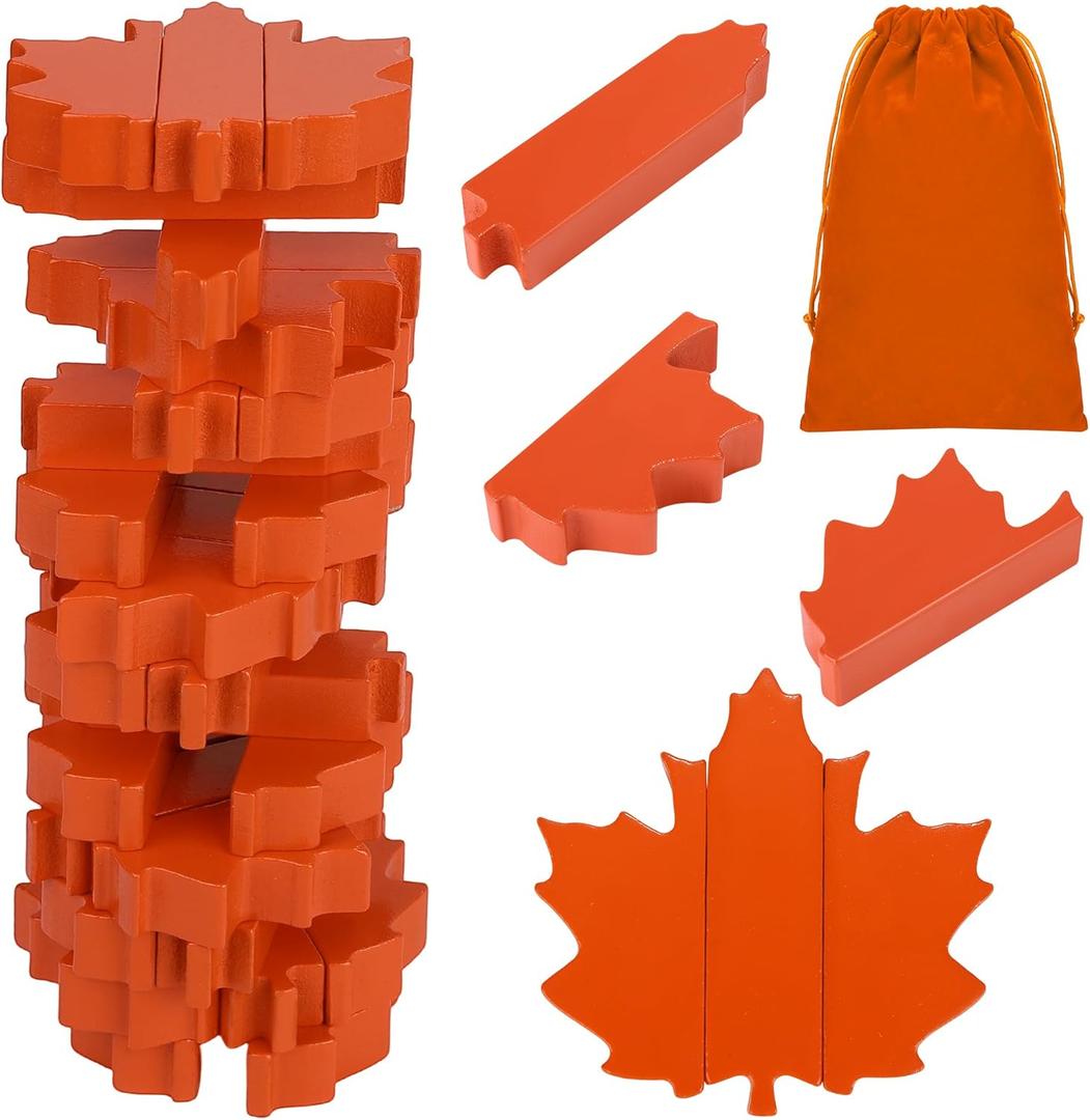 VWAERR Fall Wooden Blocks Stacking Game, 45 PCS Thanksgiving Maple Leaf Tumbling Tower and Balance Game, Stacking Board Toy with Storage Bag for Family & Party Fun Game Supplies