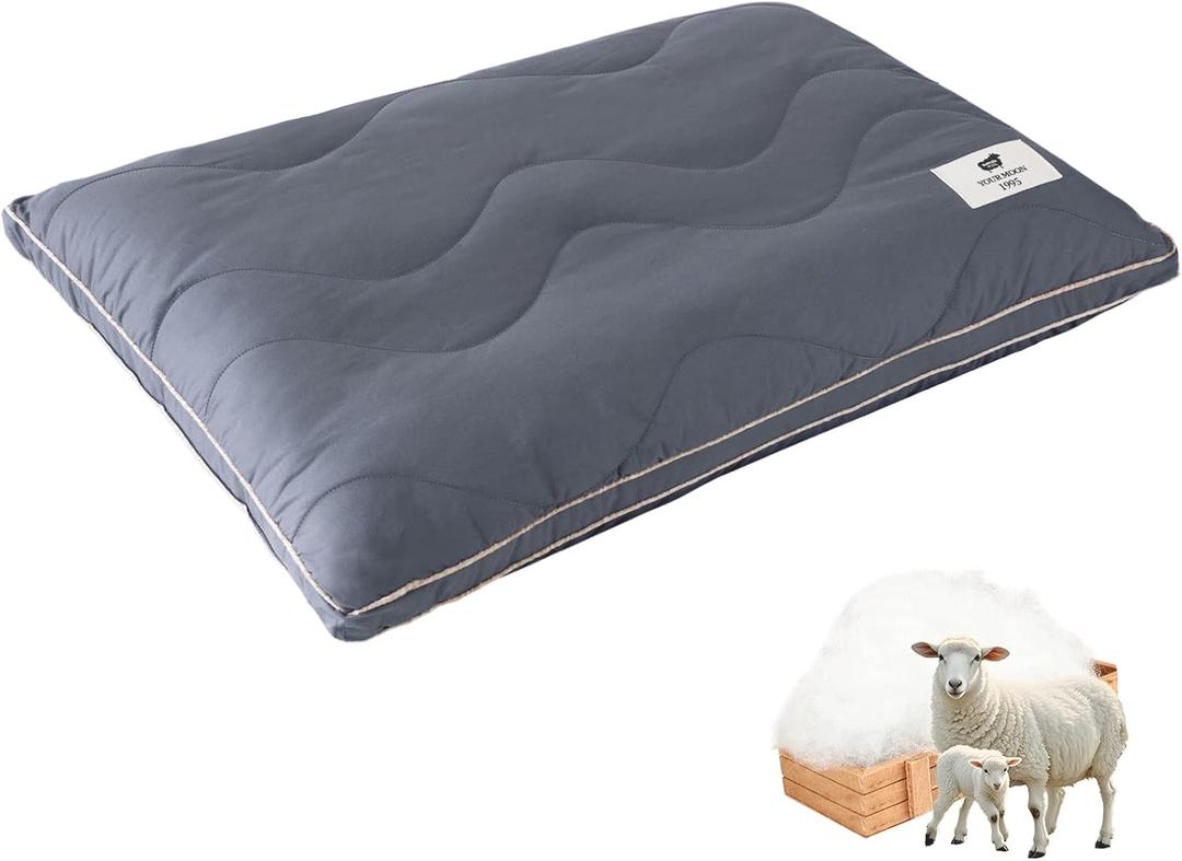 YOUR MOON Soft Organic Wool Pillow Standard, Flat & Thin Wool Pillow for Sleeping, Low-Loft Bed Pillows for Back and Stomach Sleepers, Breathable Soft Cotton Cover(Gray) (Standard (Pack of 1))