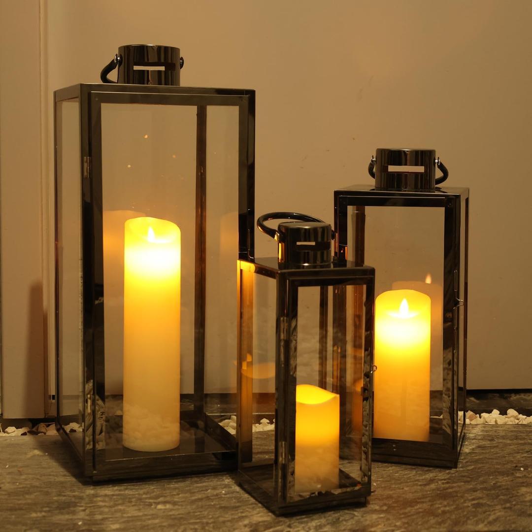 NEEDOMO Stainless Lanterns Decorative Outdoor & Indoor, Set of 3 Outdoor Lanterns for Porch, 25"/ 19.5"/15" Candle Lantern,Stainless with Glass, Vintage Farmhouse, Patio, Pathway, Garden, Christmas