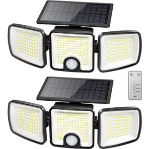 Brightown 2 Pack Solar-Security-Flood-Outdoor-Lights-with-Motion-Sensor, 223 LED 3 Head 270 Angle Street Area Security Lights with Remote, IP65 Waterproof Wall Lights with 3 Modes for Yard Outside