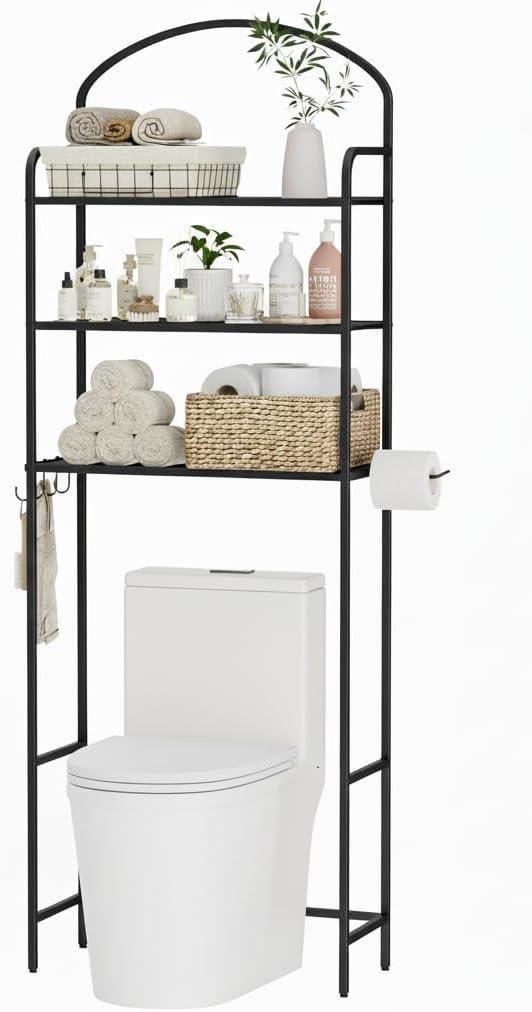 3 Tier Over The Toilet Storage Rack, Bathroom Organizer
Toilet Storage with 4 Hooks & Paper Holder, Space-Saving, Freestanding Bathroom Shelf, Metal, Black