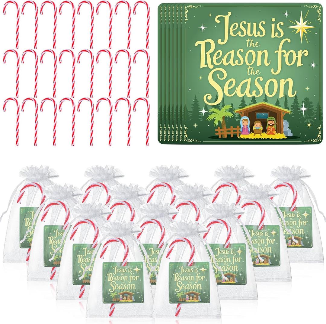 Soulchen 24 Packs Religious Christmas Plastic Peppermint Candy Cane with Jesus Is the Reason for the Season Card Organza Bag Gift Set for Church Gatherings Holiday Events Community Supply