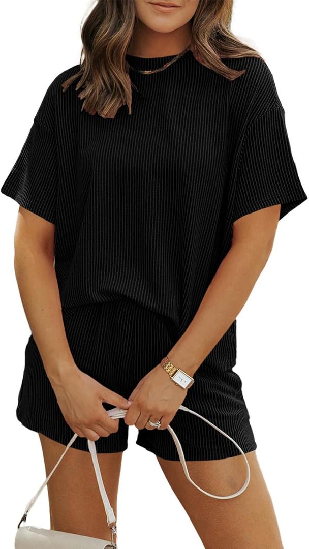 MARZXIN Women's 2 Piece Outfits Summer Tracksuit Ribbed Textured Knit Loose Lounge Shorts Set Short Sleeve Matching Sets (XX-Large, Black)