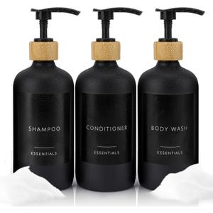 Nellyke Shampoo and Conditioner Dispenser Bottles Set, Modern Brown 21oz Refillable Shower Soap Dispenser with Bamboo Pump, Body Wash Dispenser for Shower Bathroom Kitchen,3 Pack (Black)
