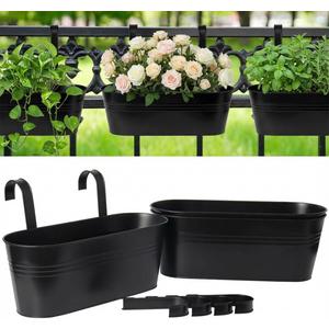 vensovo 16 Inch Railing Planter for Outdoor Plants - 3 Pack Large Metal Balcony Hanging Planters with Detachable Hooks and Drain Holes Oval Box Rail Pots for Home Garden Fence, Black