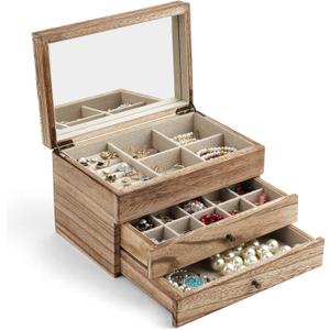 Meangood Jewelry Box Organizer for Women, 3 Layer Large Jewelry Storage Case, Rustic Wooden Jewelry Box with Mirror & Ring Tray for Necklace Earring Bracelets Rings, Vintage Style (Carbonized Black)