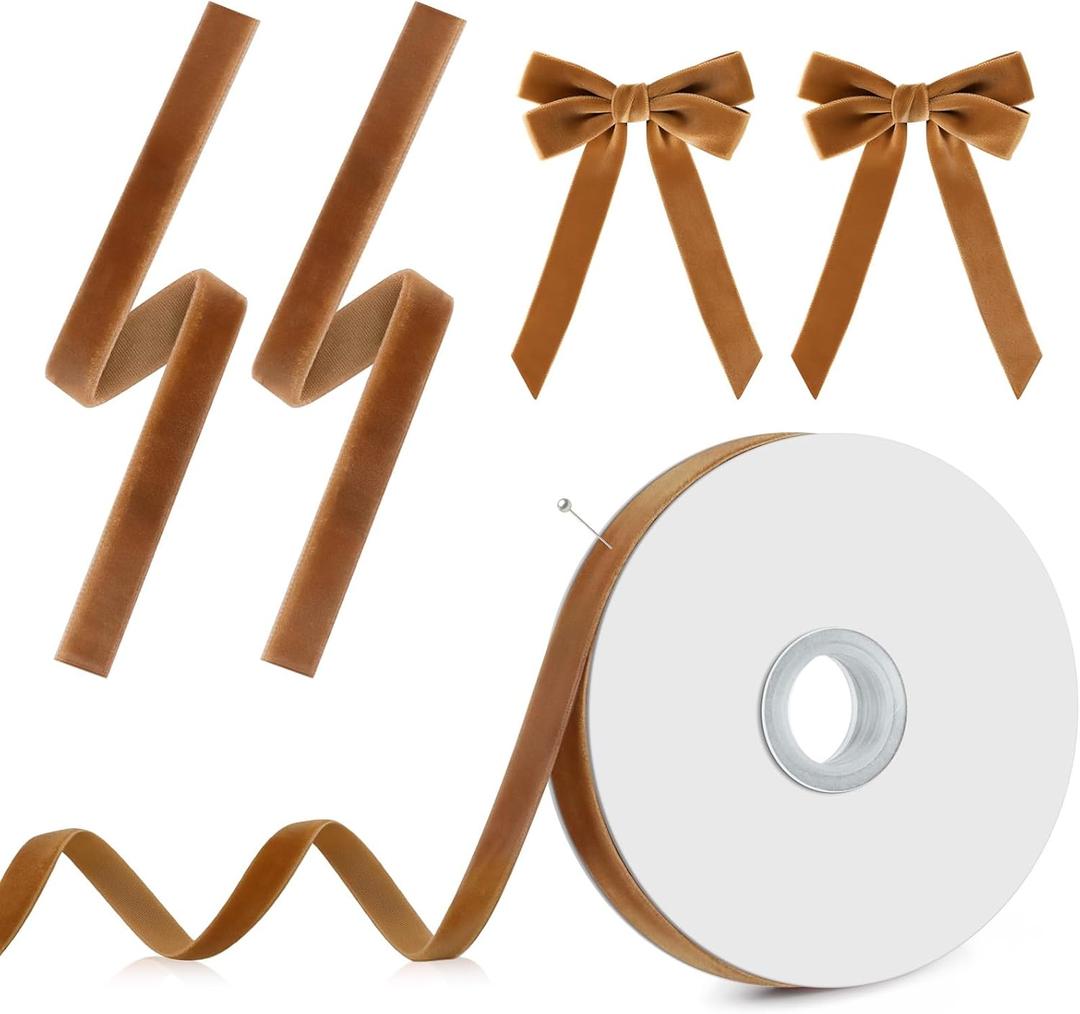 2 x Christmas Ribbon for Gift Wrapping - Khaki Velvet Ribbon 3/8" * 10 Yards - Vintage Christmas Ornaments Decor Bows Making - Christmas Tree Ribbon