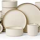 Famiware Star 24-Piece Stoneware Dinnerware Sets with Trim, Service for 6 - Ceramic Mugs, Plates, Bowls, Dishes for Everyday/Party/Formal Use, Chip/Scratch Resistant, Microwave/Dishwasher Safe, Cream