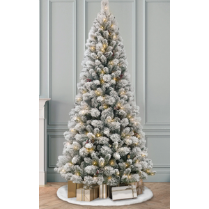 SHareconn 7.5ft Prelit Snow Flocked Spruce Artificial Christmas Tree with 350 Incandescent Warm White Lights, Foldable Stand, Snow Flocked Full Prelighted Xmas Tree W/1170 Branch Tips, 7.5 FT, White