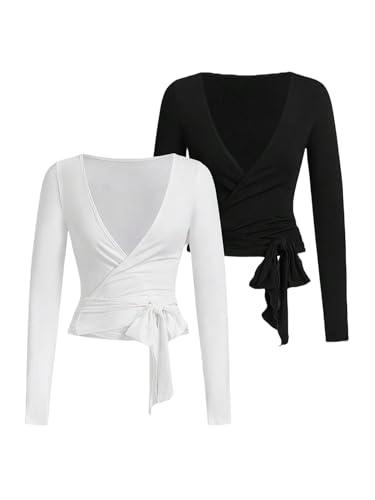 QJQ Women's 2 Pack Pilates Ballet Wrap Tops Long Sleeve Workout Yoga Shirt Going Out Tie Front Top Black and White, Large