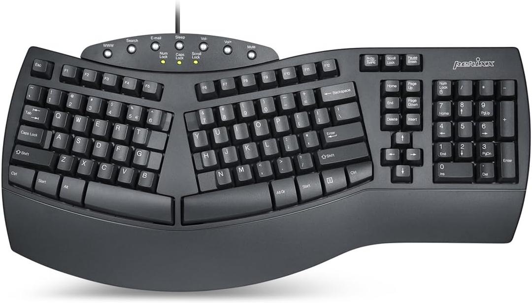 Perixx PERIBOARD-512B Wired Ergonomic Split USB Keyboard with 7 Multimedia Keys - Black - NDAA Compliant - US English
