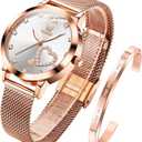 OLEVS Women's Rose Gold Watches Heart Diamond Japanese Quartz Movement Girls Ladies Wristwatch Big Face Waterproof Mesh Belt Watch and Bracelet Set Valentines Day Gift (Rose Gold Band and White dial)
