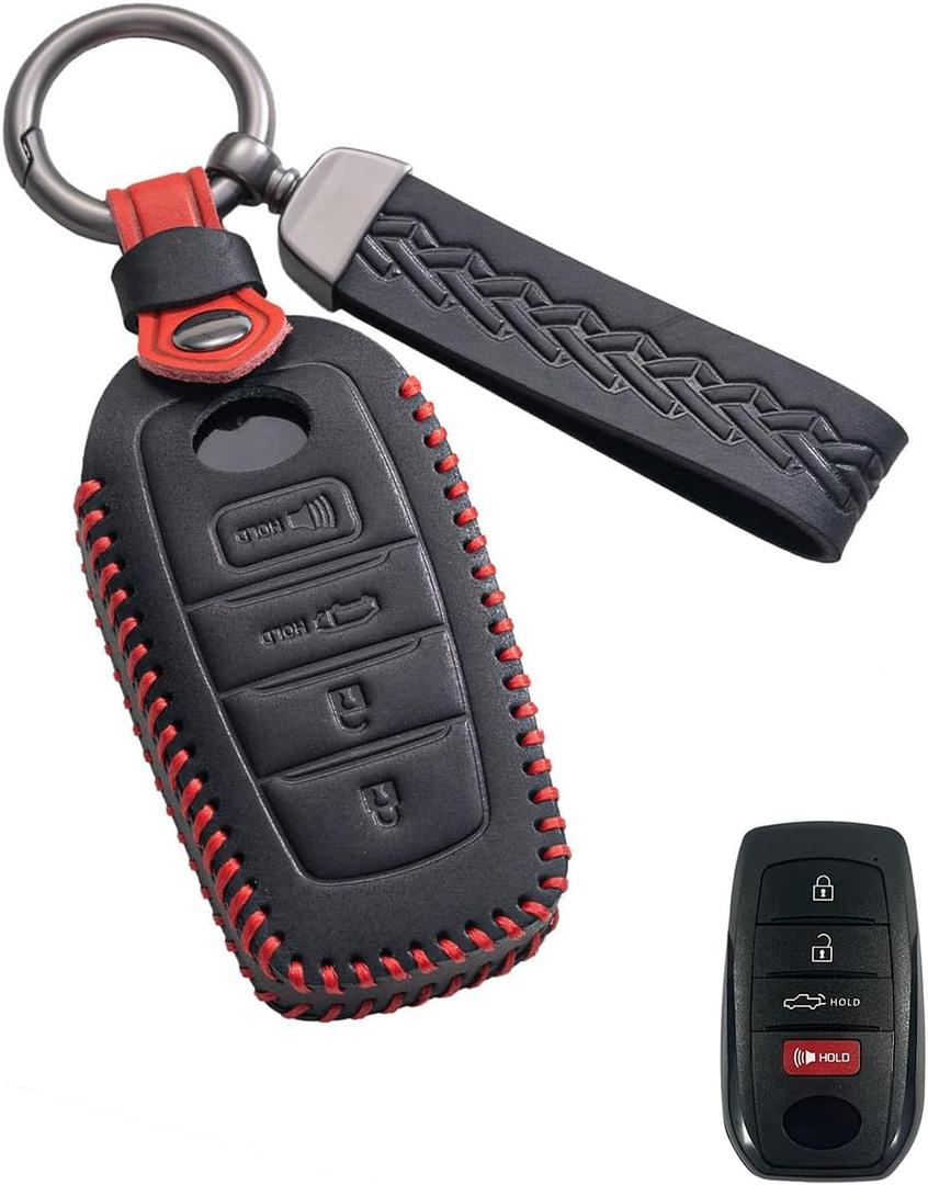 Key Fob Cover Leather Car Key Case Keychain Fob Holder Compatible with Toyota Venza RAV4 Prime Sienna Tundra Corolla Cross Land Cruiser Fortuner Mirai Hilux Sequoia (TYB-4-Black)