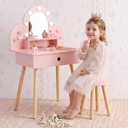 Kids Vanity Table and Chair Set with 3-Color Lighted Mirror, 11 Accessories