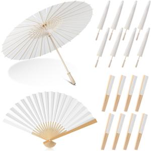 16Pcs Wedding Paper Parasol Umbrella with Fans, Bamboo Parasol for Bridal Shower Garden Party Decor