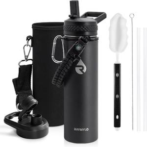 Insulated Water Bottle 20 oz, Triple Wall Vacuum Stainless Steel (Cold for 48 Hrs), Leak Proof & Non-BPA, Kids Water Bottle Jug for School with Straw Spout Lids, Magic Black