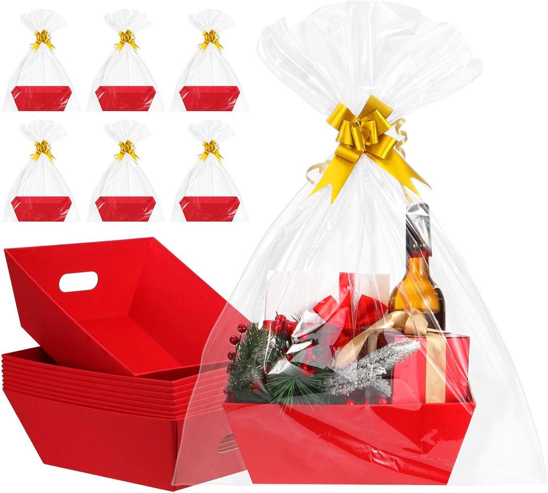 AFOROEOA 10PACK Red Baskets For Gifts Empty, 10x12Thick Kraft Gift Basket with 10 Bows 10 Bags Empty Gift Baskets for Christmas, Easter, Birthdays, Snacks, Farmers Market Red