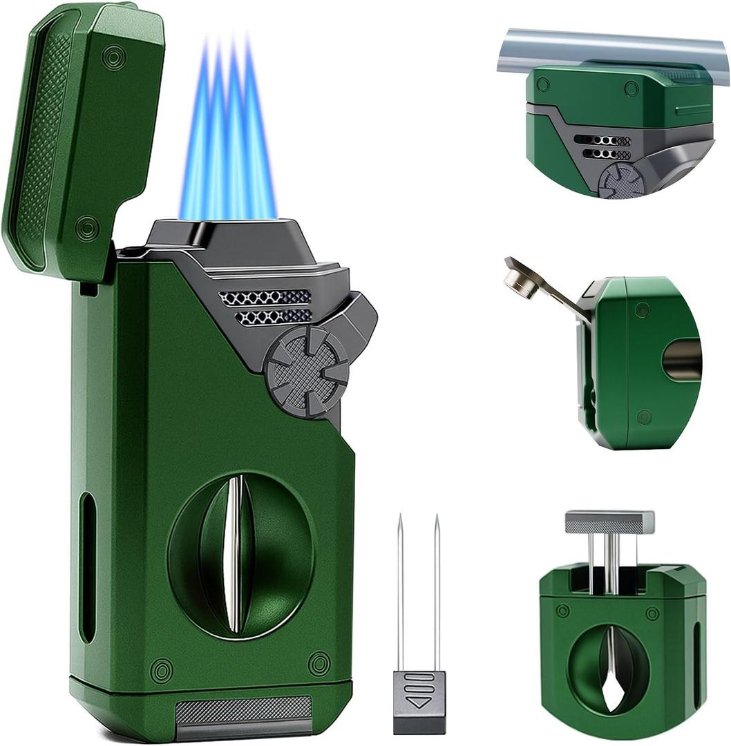 5 in 1 Butane Torch Lighter, 4 Jet Flame, Butane Lighter Refill Built-in V Cutter, Punch, Holder, Nubber, Windproof Jet Lighter for Candles, Cool Lighters Gift for Men (Without Gas) (Green)