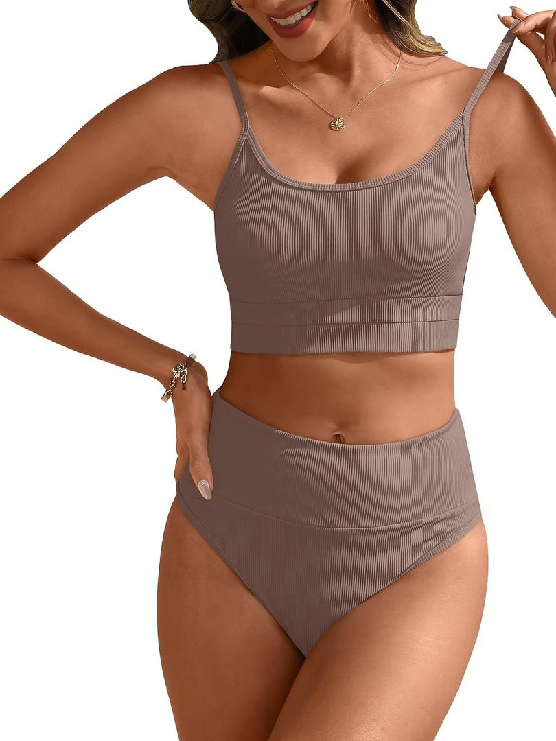 ANRABESS Women’s High Waisted Bikini Sets,Color Block 2 Piece Swimsuits,Tummy Control Bathing Suits,Thick Ribbed Beach Wear (Brown, M)