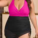 B2prity Women's Plus Size One Piece Swimdress Swimsuit Tummy Control Slimming Swim Dress Mesh Drawstring Skirted Bathing Suit (Pink, L)