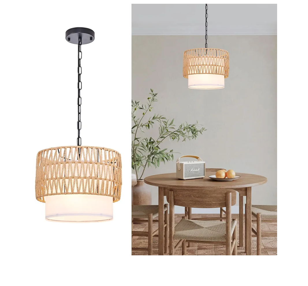 3-Light Hand-Woven Rattan Pendant Light Vintage, Farmhouse Boho Bamboo Pendant Lighting Fixture Small Retro Drum Wicker Rattan Pendant Light for Kitchen Island, Dining Room, Bedroom