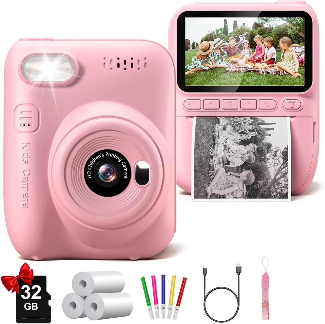 Instant Print Camera for Kids, 3.0" HD 32MP Kids Camera 1080P with 3 Rolls of Printer Paper, Birthday Gifts Toy for 3-12 Year Old Girls Boys with 32GB SD Card-Pink