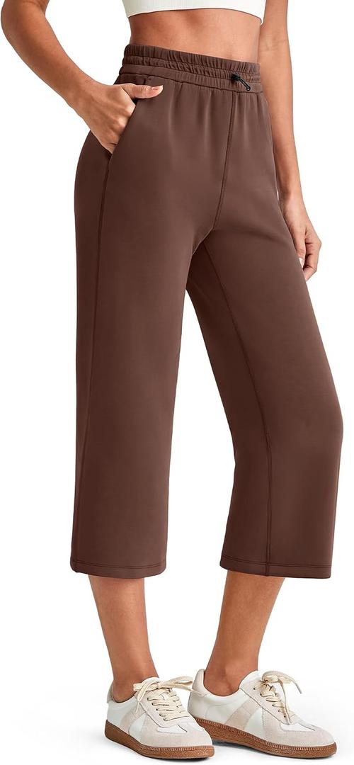 G4Free Smoofit Wide Leg Capri Pants for Women Adjustable Shockcord High Waist Summer Travel Casual Pants with Pockets (Brown, M)