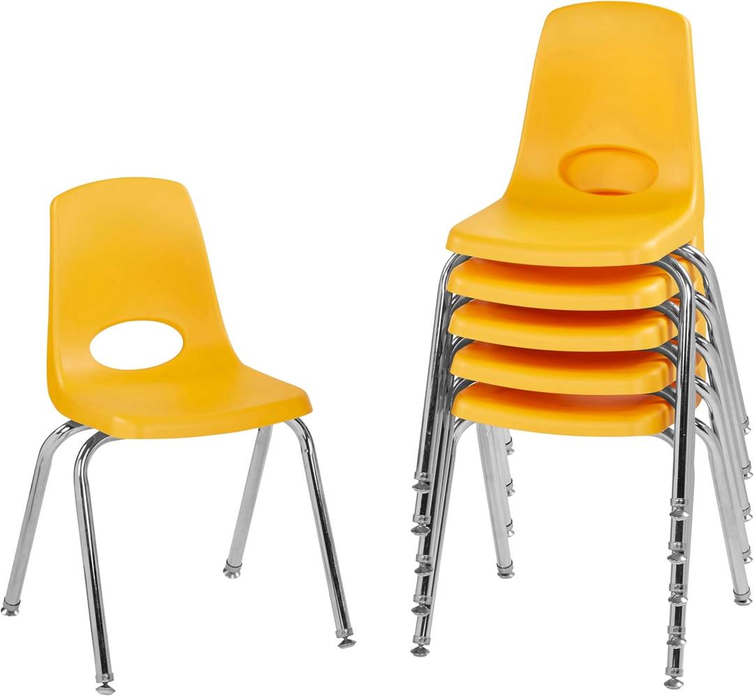 FDP 16" School Stack Chair, Stacking Student Seat with Chromed Steel Legs and Nylon Swivel Glides; For In-Home Learning or Classroom - Yellow (Count of 6), 10368-YE