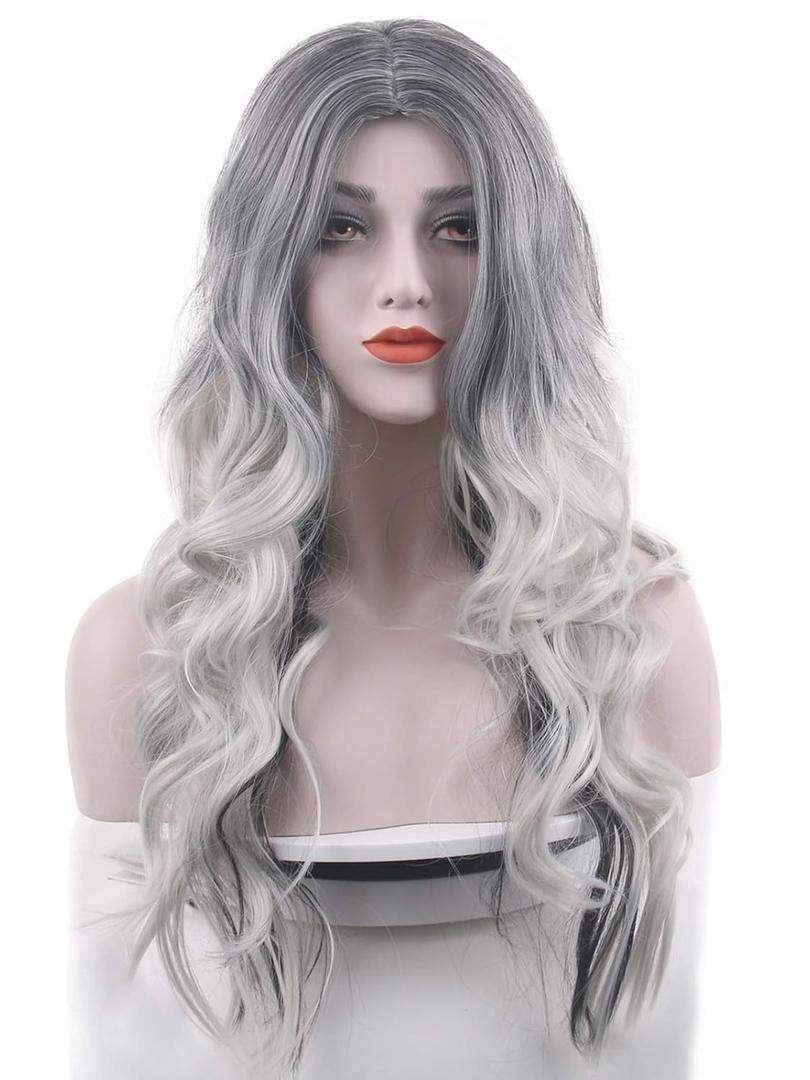 Besuante Beautyself Silver Grey Costume Wigs for Women Halloween Curly Long Wavy Fashion Cosplay Ombre Black Mix Gray Hair Wigs with Wig Cap