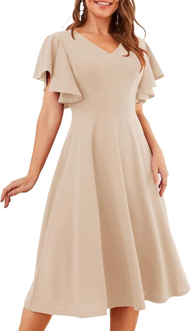 Bridesmay Women's Formal Wedding Guest Dress for Women 2026 Short Sleeve Fit and Flare Tea Party Dresses (Beige, XXXL)