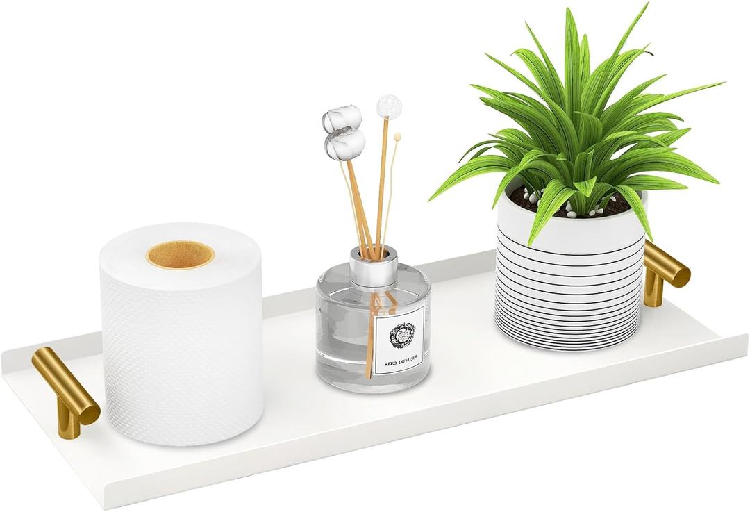 LSK Toilet Paper Basket, White Tank Tray with Golden T-Handle, 14 Inch Bathroom Tray for Organizing, Aluminium Toilet Paper Storage for Tank Topper, Bathroom, Kitchen Counter