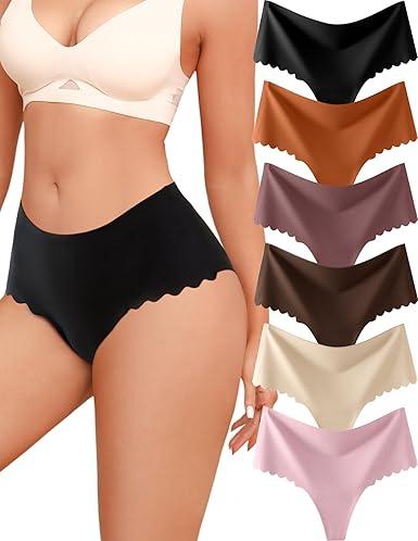 Thongs for Women High Waisted Seamless Underwear Ladies Wave Edge No Show Sexy Panties Thong Lingerie 6 Pack M