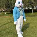 To.beone Easter Bunny Mascot Costume with Blue Jacket, Striped Bow Tie, Adult Size Full Body Rabbit Character Suit for Holiday Events and Parties (White, S)