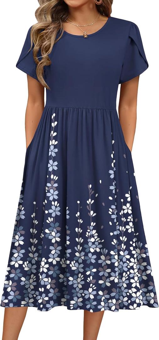 HOTOUCH Women's Summer Short Sleeve A-Line Midi Dresses Casual Floral T-Shirt Dress Flowy Beach Sundress with Pockets, Size Large 