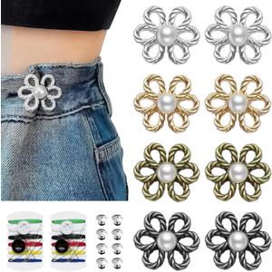 8 Sets Flower Pant Waist Tightener, Adjustable Jean Buttons for Loose Jeans, Waist Cincher Clip for Pants Women, Pants, Skirts, Sleeves