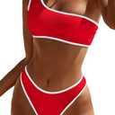 YIMISAN Women's Ribbed Bikini Sets One Shoulder Top with Mid Waist Two Piece Bathing Suit (Medium, Red&white)
