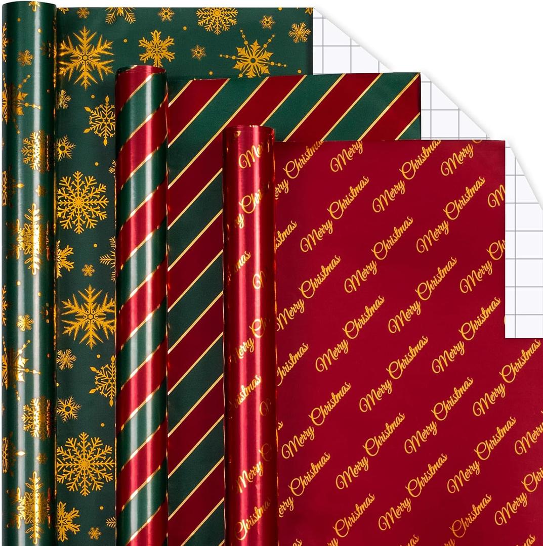 MAYPLUSS Shiny Christmas Wrapping Paper - 17In x 120In Per Roll - Classic Red & Green Stripe, Forest Green & Gold Snowflake, Red & Gold Merry Christmas Text Design Gift Wrap Paper for Holiday, Party