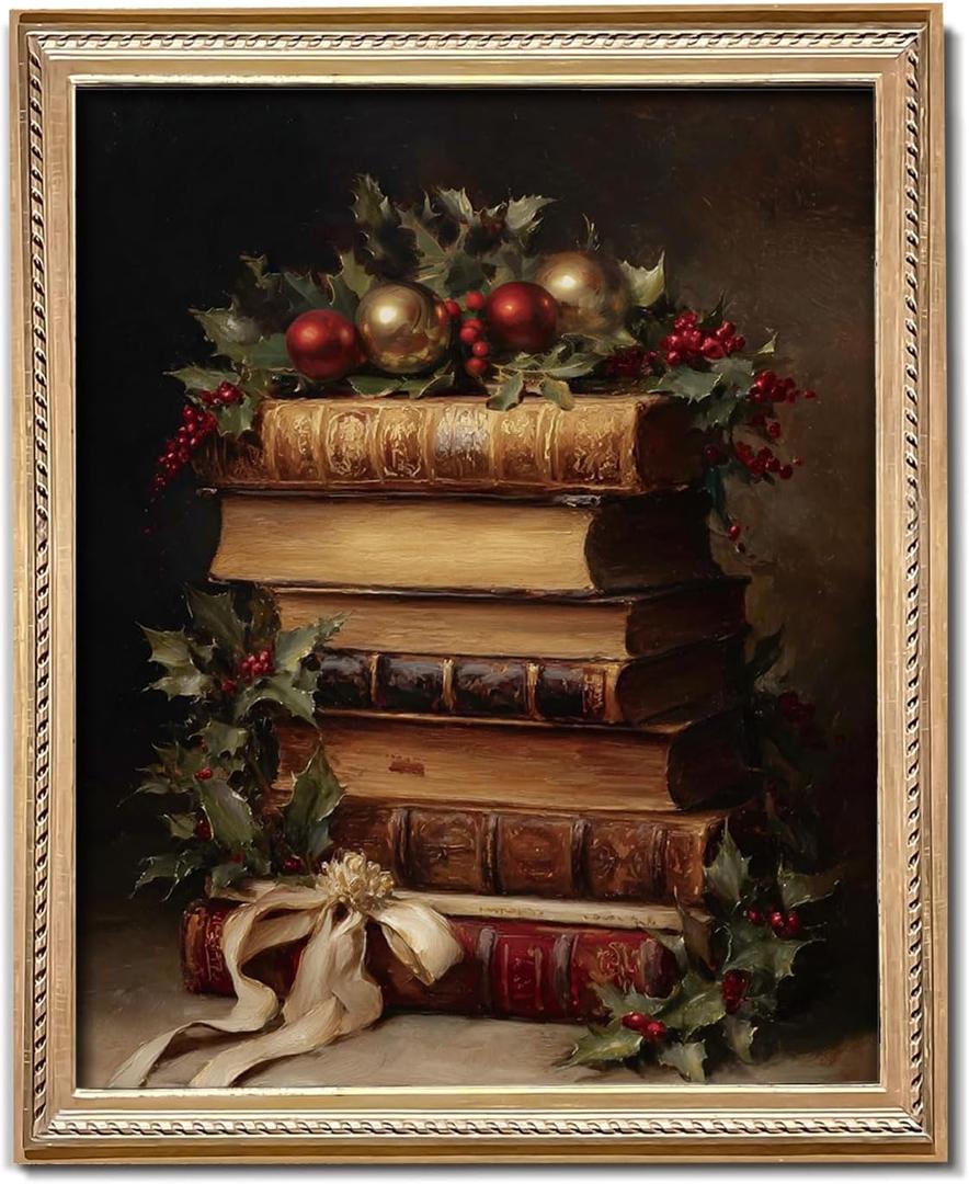 2 x CFFJLHN Vintage Christmas Book Wall Art Decor, Rustic Christmas Bookish Library Pictures Poster Art Prints, Dark Moody Xmas Wall Decor for Home Bedroom Reading Room, 8x10 Inches Unframed