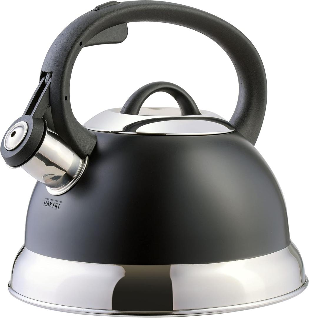 Mr. Coffee Flintshire 1.75-Quart Stainless Steel Whistling Tea Kettle with Nylon Handle  Matte Black Stove-Top Kettle for Boiling Water
