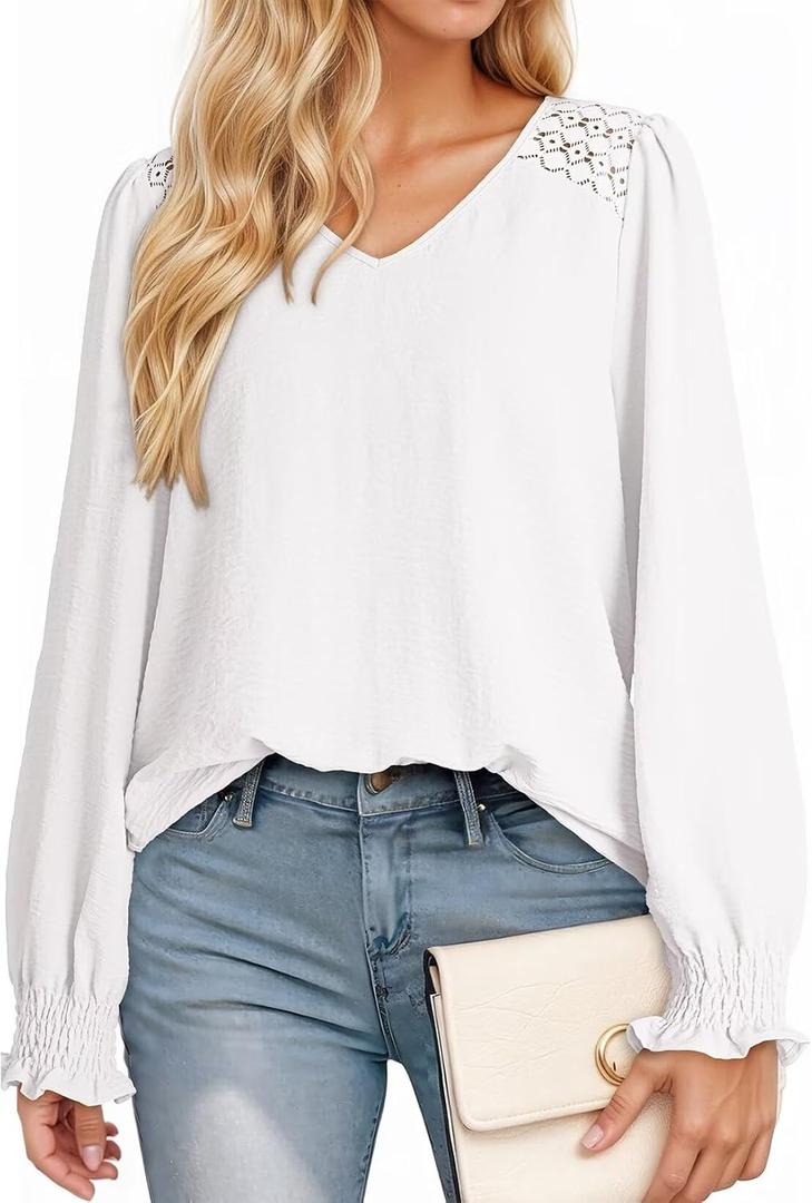 Dokotoo Womens Fall Fashion 2025 Business Casual V Neck Long Sleeve Lace Trim Tops with Smocked Cuffs Loose Blouses (White, S)