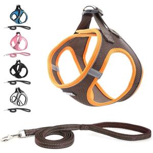 Soft Mesh Dog Harness and Leash Set, Step-in Reflective Breathable Comfort Padded Quick Dry Pet Puppy Vest Harness for Extra-Small/Small Medium Dogs and Cats (Brown, XXS)
