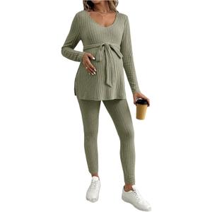 MakeMeChic Women's Maternity Clothes 2 Piece Outfit Long Sleeve V Neck Belted Tops and Leggings Lounge Set Army Green Medium