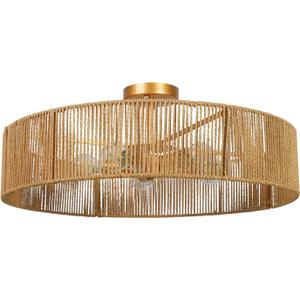 24" Natural Rattan Ceiling Light, Semi Flush Mount Gold Ceiling Light Fixture, 5-Light Boho Chandelier Antique Brass Brush Paint Farmhouse Lamp Fixture for Bedroom Living Room Kitchen Island