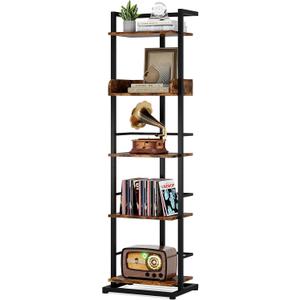 Hosfais Book Shelf Narrow Bookshelf: 5 Tier Wood Bookcase with Metal Edge Protection Industrial Modern Bookshelf Book Storage Organizer for Living Room Bedroom Home Office (Rustic Brown)