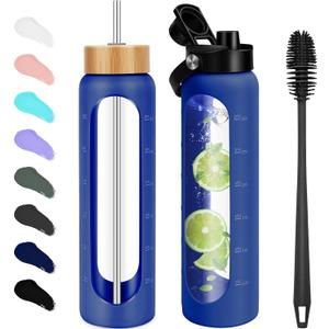 FULBEVY 32 oz Glass Water Bottles - 1 Liter Motivational Tumbler Water Bottle Time Marker - Borosilicate Glass Water Bottle With Silicone Sleeve and 2 Lids, Handle Spout & Bamboo Straw Lid (Blue)