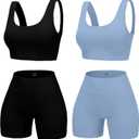 4 Piece Workout Sets for Women Seamless Ribbed High Waist Yoga shorts with Sports Bra Outfits (Large, Black/Lake Blue)