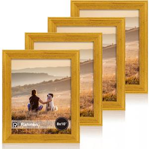 8x10 Picture Frame Set of 4, 1 Wide Molding, Rustic Gold Picture Frames with Real Glass, Vintage Wooden Photo Frames 8 x 10 for Wall Mount and Tabletop Display (8x10 in)